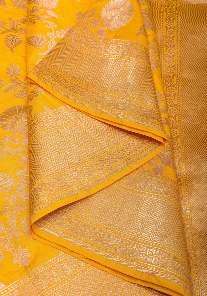 Yellow Banarasi Linen Floral jaal Saree with Zari border