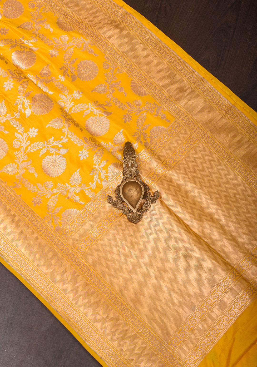 Yellow Banarasi Linen Floral jaal Saree with Zari border