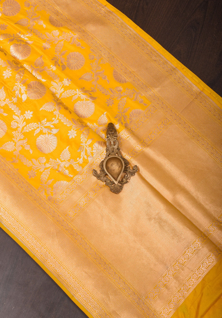 Yellow Banarasi Linen Floral jaal Saree with Zari border