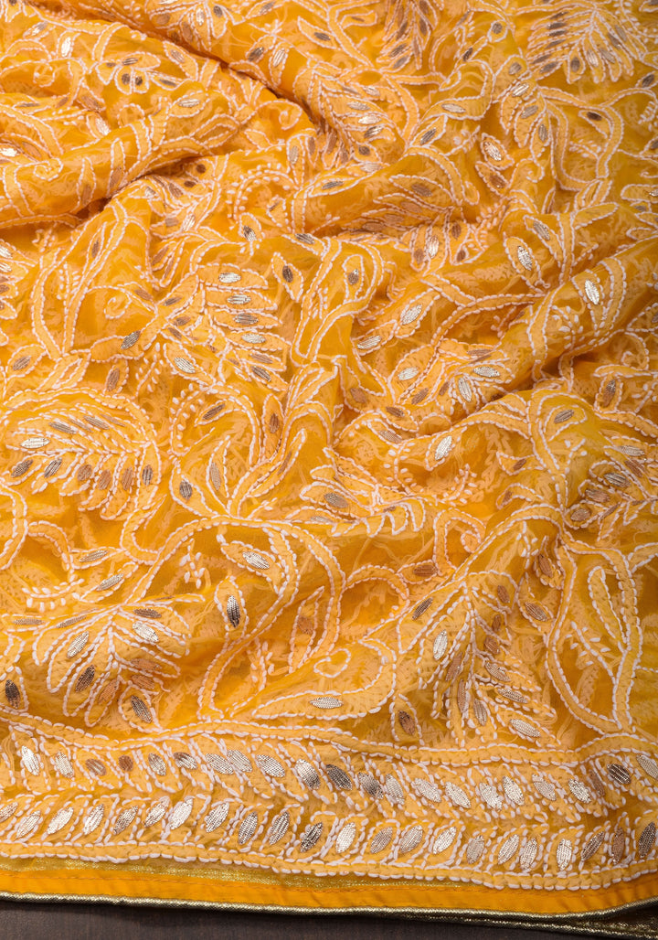 Yellow Authentic Hand Chikankari Georgette Saree with Gotta Stitched Embellishments