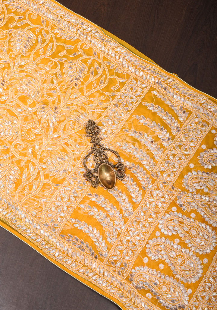 Yellow Authentic Hand Chikankari Georgette Saree with Gotta Stitched Embellishments