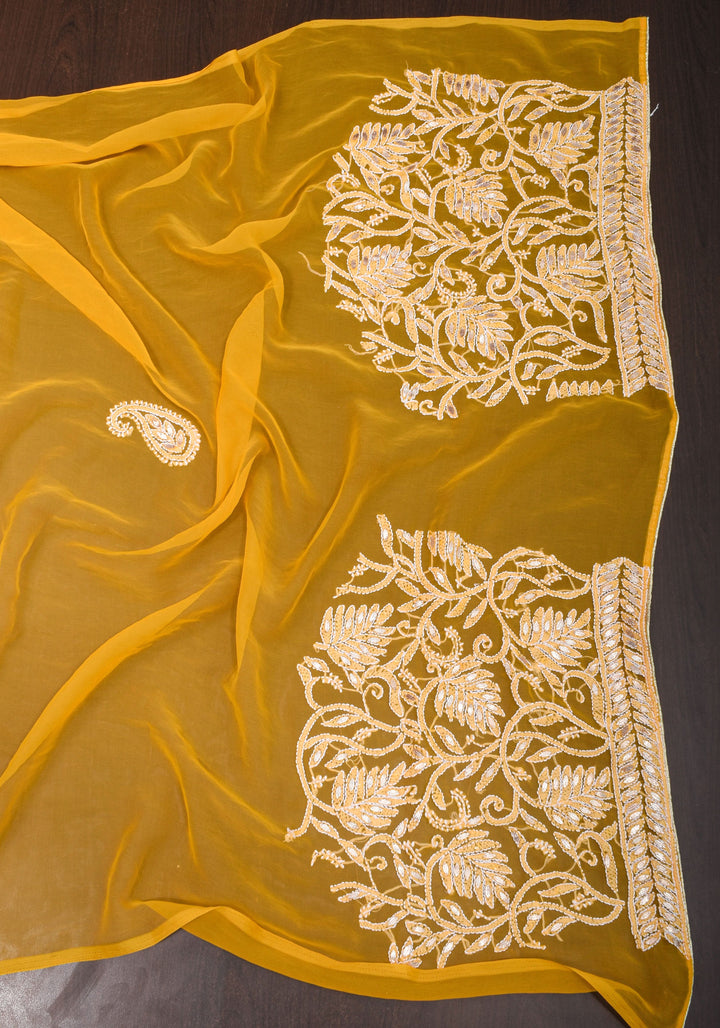 Yellow Authentic Hand Chikankari Georgette Saree with Gotta Stitched Embellishments