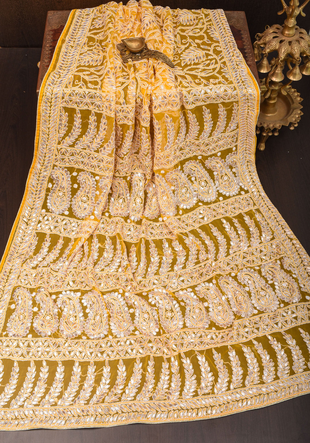 Yellow Authentic Hand Chikankari Georgette Saree with Gotta Stitched Embellishments