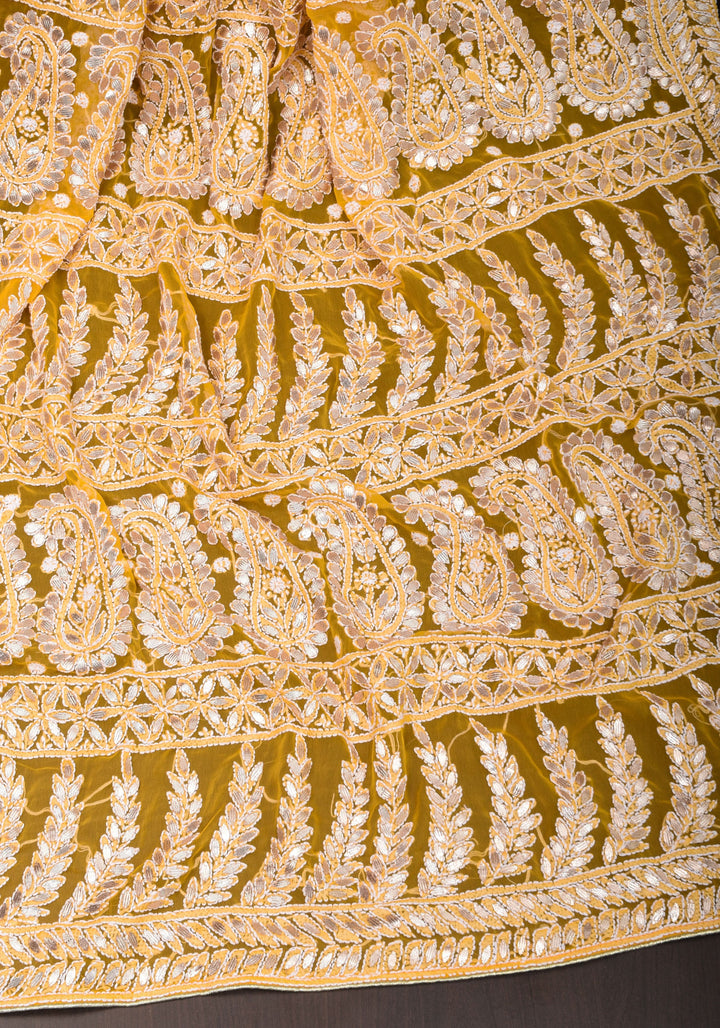 Yellow Authentic Hand Chikankari Georgette Saree with Gotta Stitched Embellishments