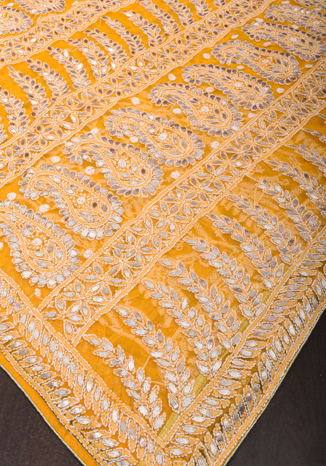 Yellow Authentic Hand Chikankari Georgette Saree with Gotta Stitched Embellishments
