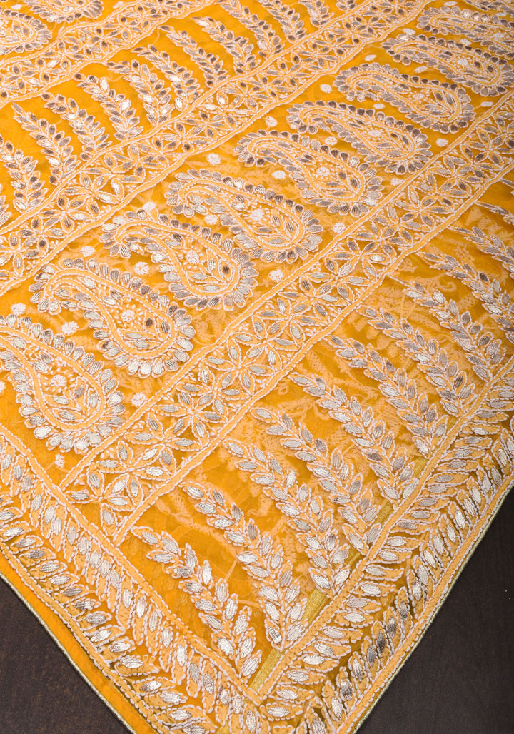 Yellow Authentic Hand Chikankari Georgette Saree with Gotta Stitched Embellishments