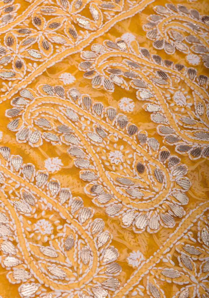 Yellow Authentic Hand Chikankari Georgette Saree with Gotta Stitched Embellishments