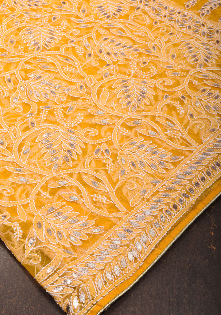 Yellow Authentic Hand Chikankari Georgette Saree with Gotta Stitched Embellishments