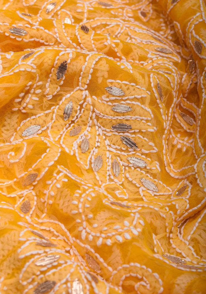 Yellow Authentic Hand Chikankari Georgette Saree with Gotta Stitched Embellishments