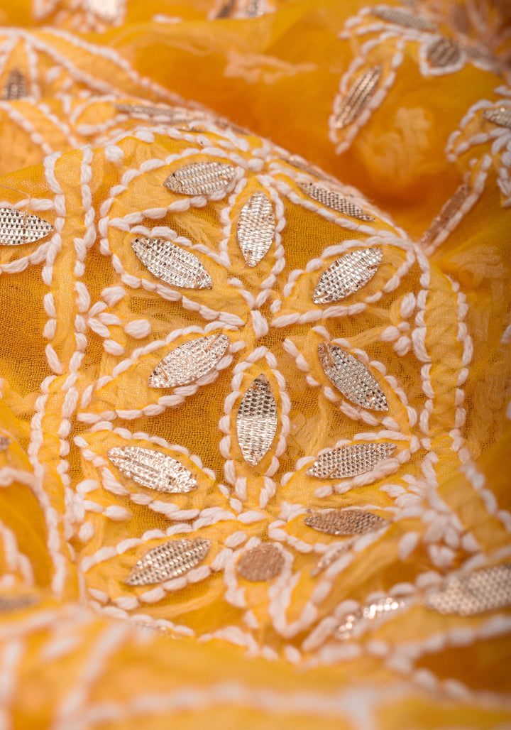 Yellow Authentic Hand Chikankari Georgette Saree with Gotta Stitched Embellishments