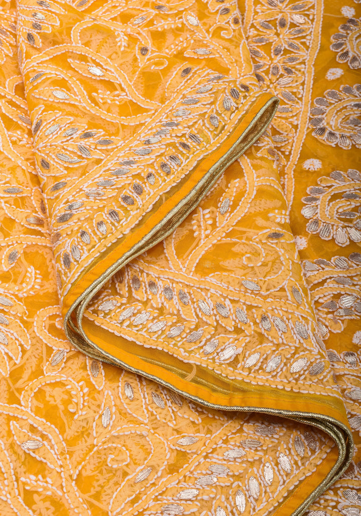 Yellow Authentic Hand Chikankari Georgette Saree with Gotta Stitched Embellishments