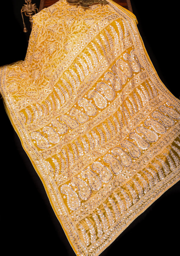 Yellow Authentic Hand Chikankari Georgette Saree with Gotta Stitched Embellishments
