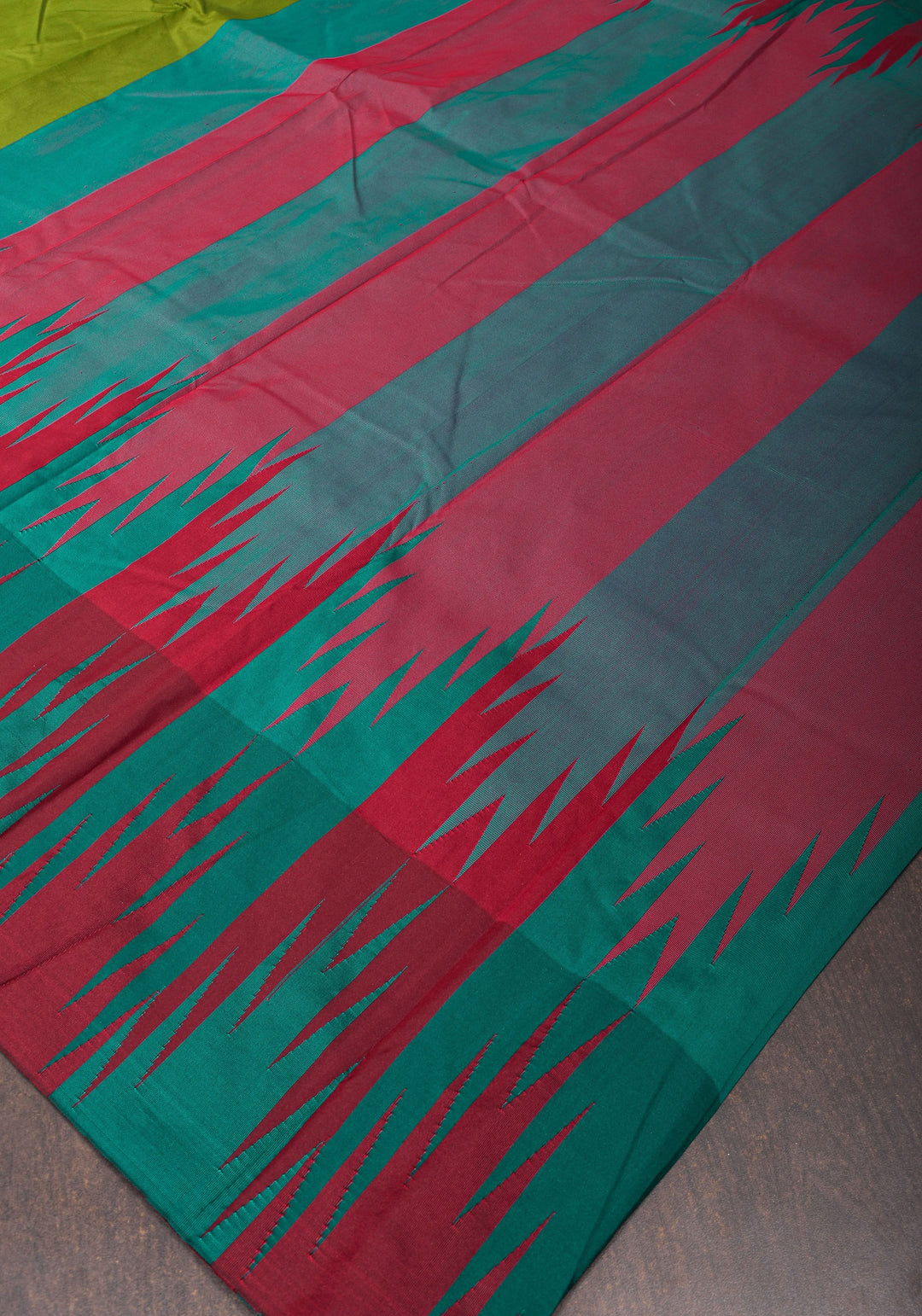 Sap Green Tone and Two Color Temple Border on Art Silk Saree With Double color Indian kotki design Pallu | SHOBITAM