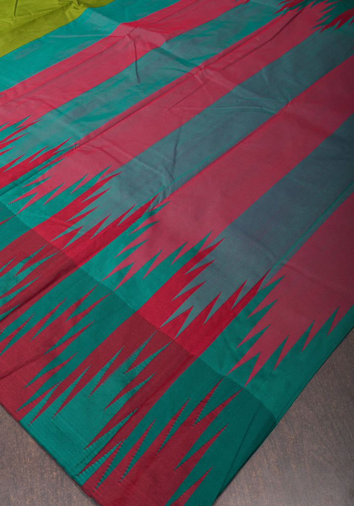 Sap Green Tone and Two Color Temple Border on Art Silk Saree With Double color Indian kotki design Pallu | SHOBITAM