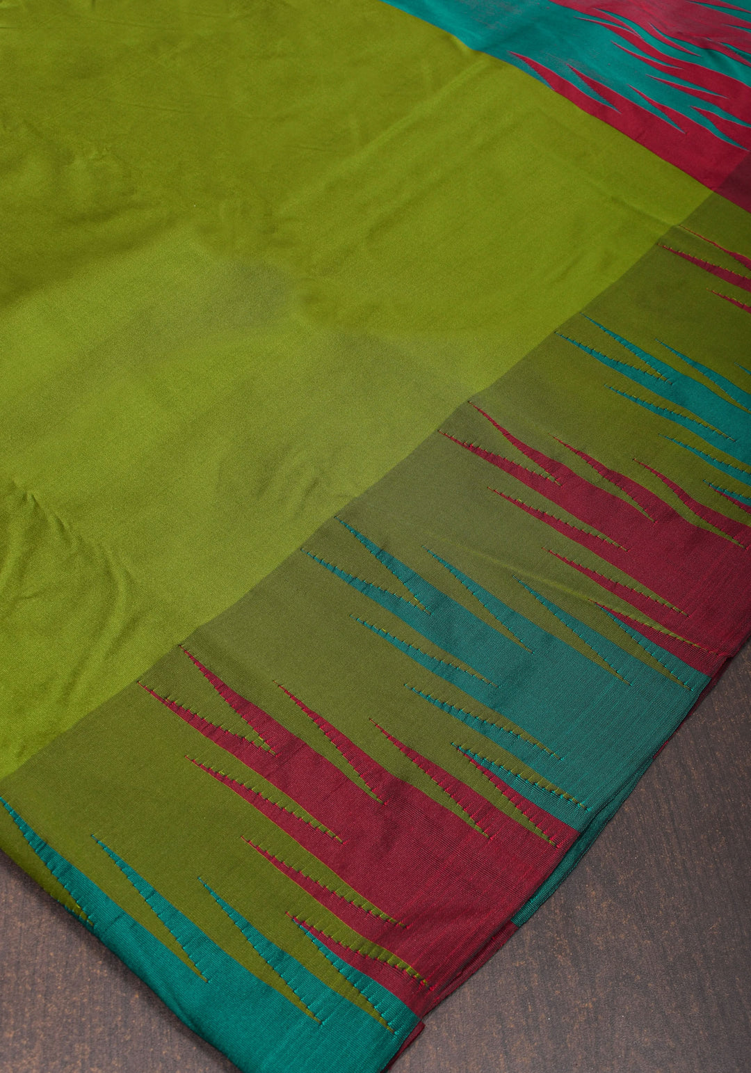 Sap Green Tone and Two Color Temple Border on Art Silk Saree With Double color Indian kotki design Pallu | SHOBITAM