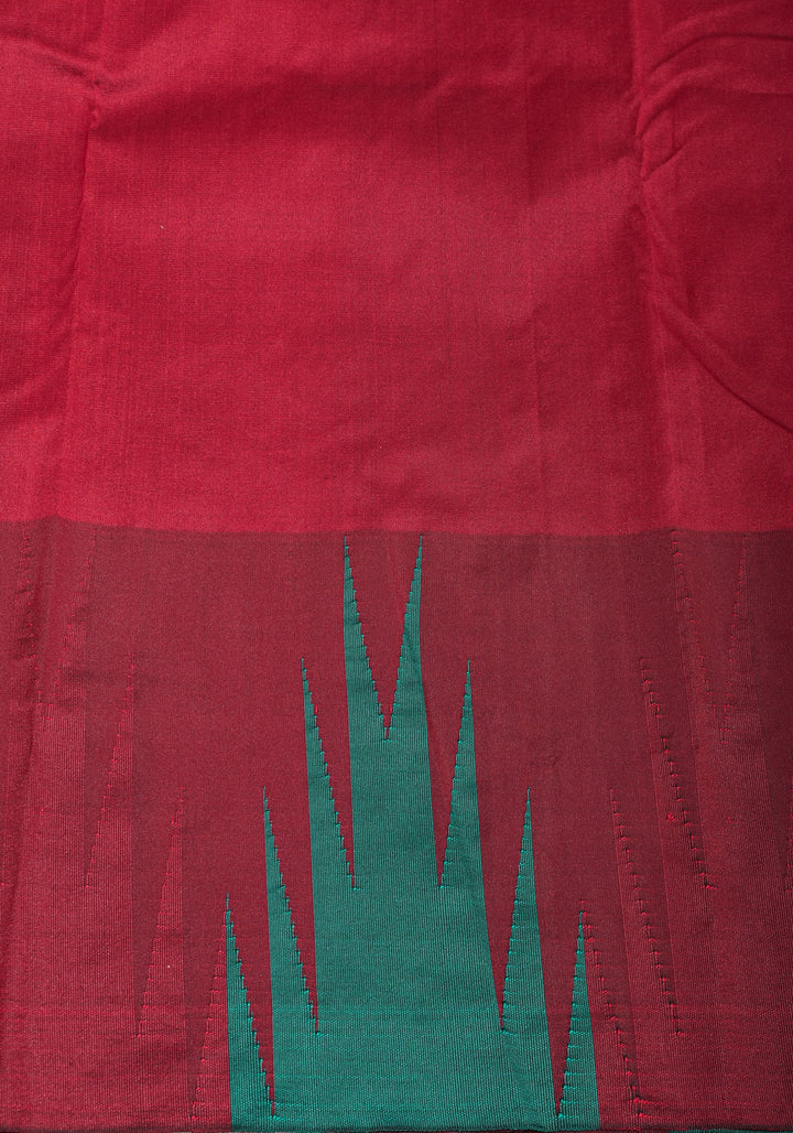 Sap Green Tone and Two Color Temple Border on Art Silk Saree With Double color Indian kotki design Pallu | SHOBITAM
