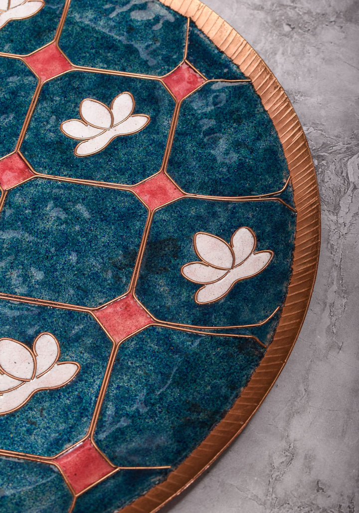 Kamala - 12 inch Enamel work Copper Wall Plate in Cerulean Blue
