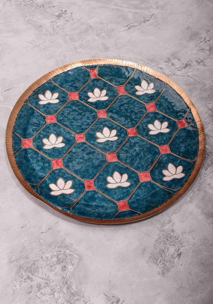 Kamala - 12 inch Enamel work Copper Wall Plate in Cerulean Blue