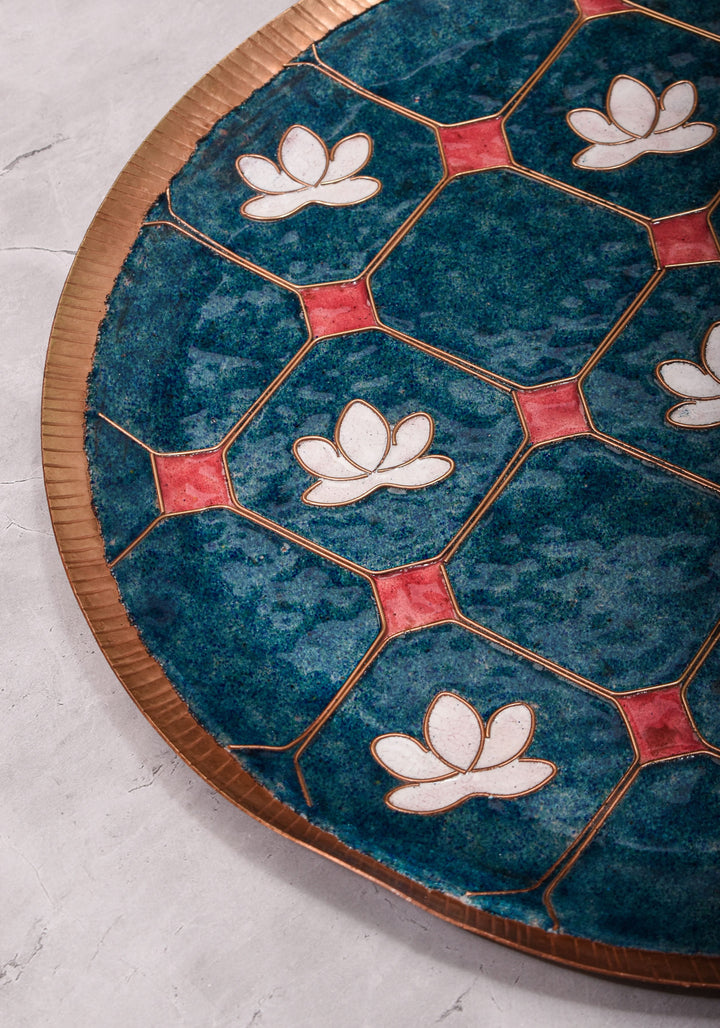 Kamala - 12 inch Enamel work Copper Wall Plate in Cerulean Blue