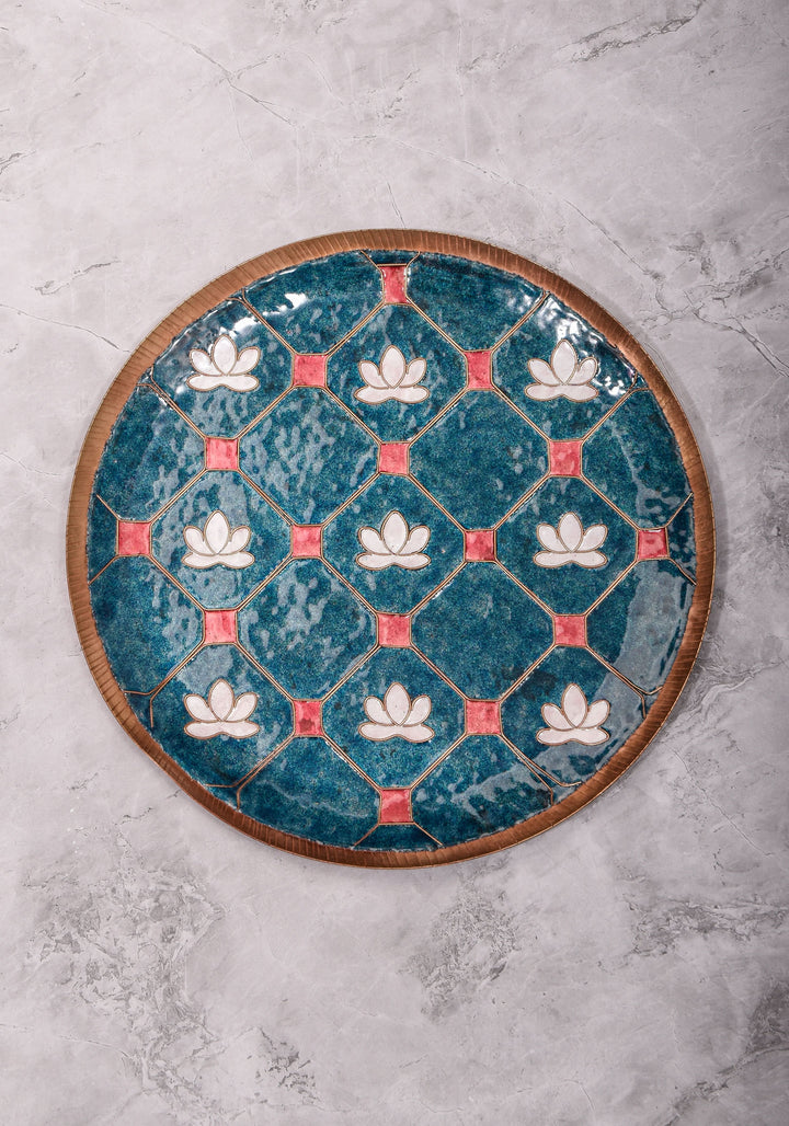 Kamala - 12 inch Enamel work Copper Wall Plate in Cerulean Blue