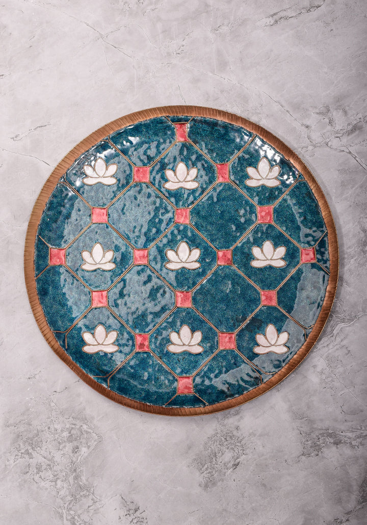 Kamala - 12 inch Enamel work Copper Wall Plate in Cerulean Blue
