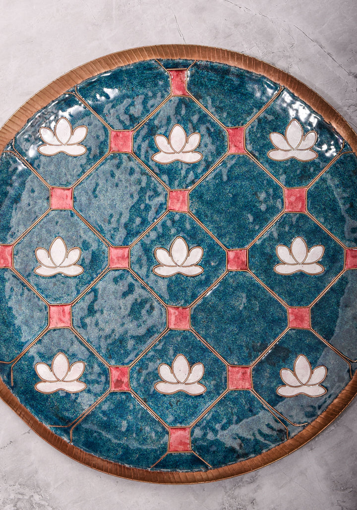 Kamala - 12 inch Enamel work Copper Wall Plate in Cerulean Blue