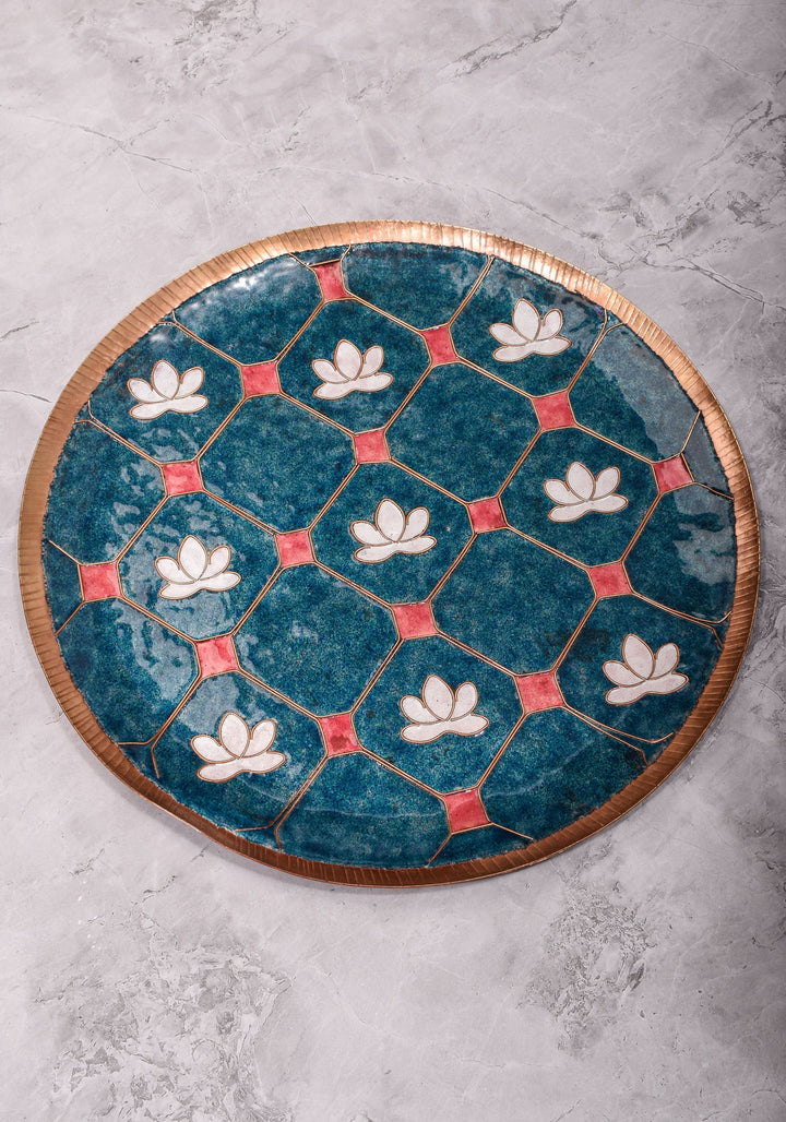 Kamala - 12 inch Enamel work Copper Wall Plate in Cerulean Blue