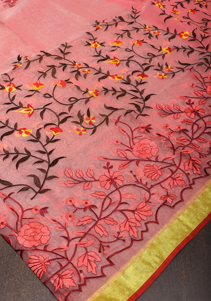 Rose pink Organza Saree with Floral Embroidery and zari Border