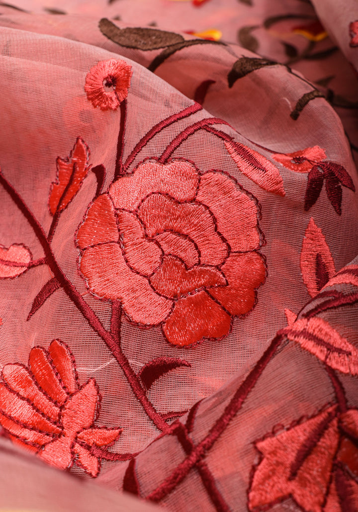 Rose pink Organza Saree with Floral Embroidery and zari Border