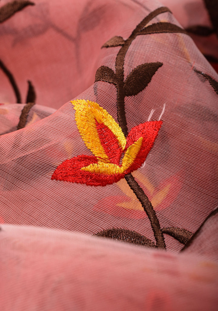 Rose pink Organza Saree with Floral Embroidery and zari Border