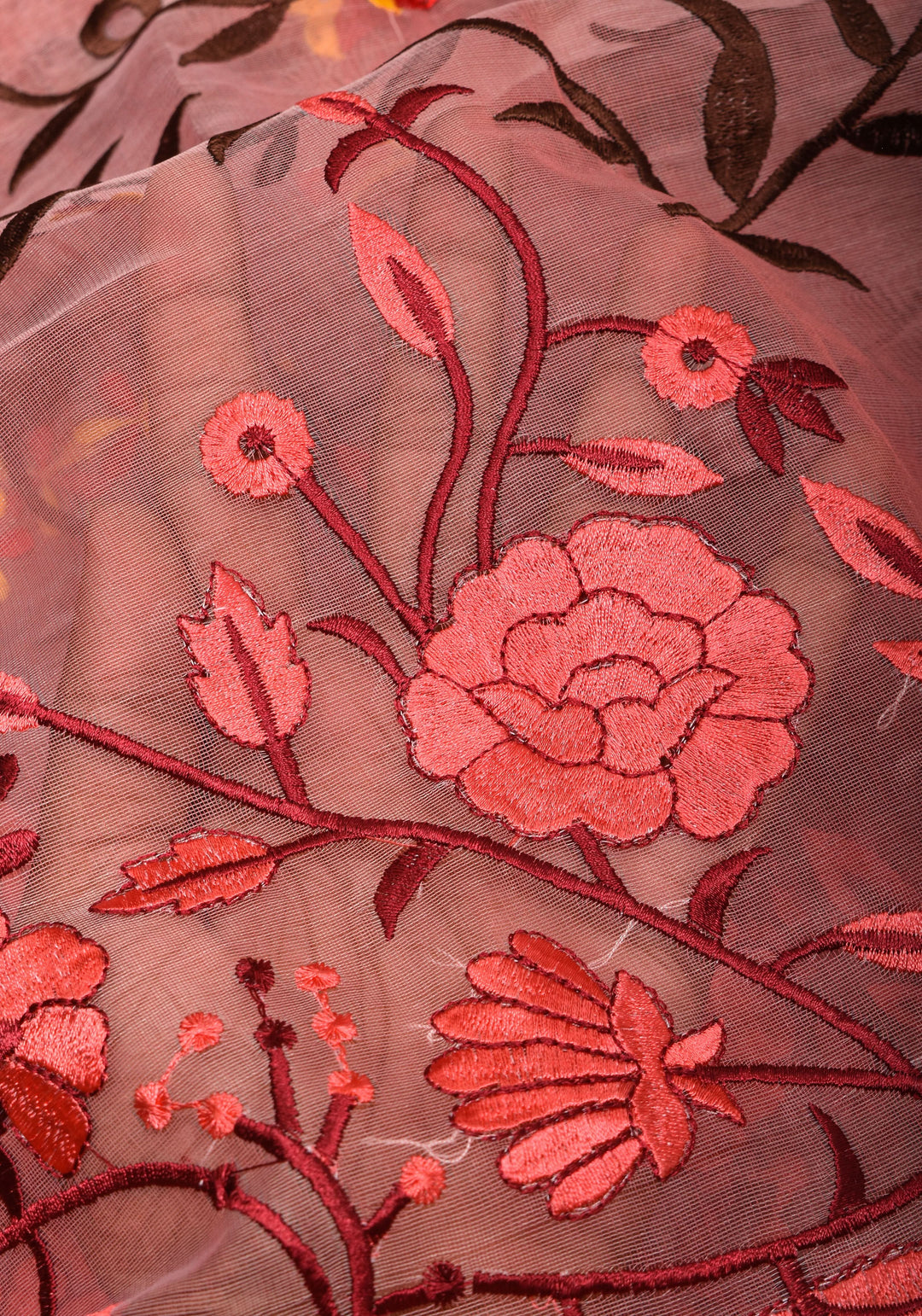 Rose pink Organza Saree with Floral Embroidery and zari Border