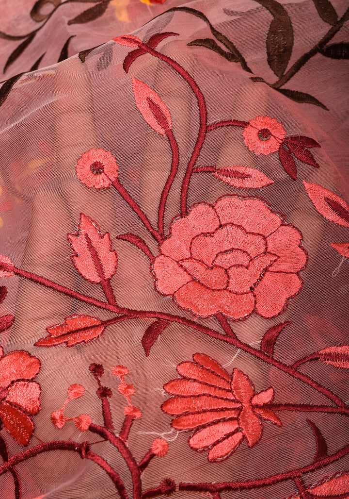 Rose pink Organza Saree with Floral Embroidery and zari Border