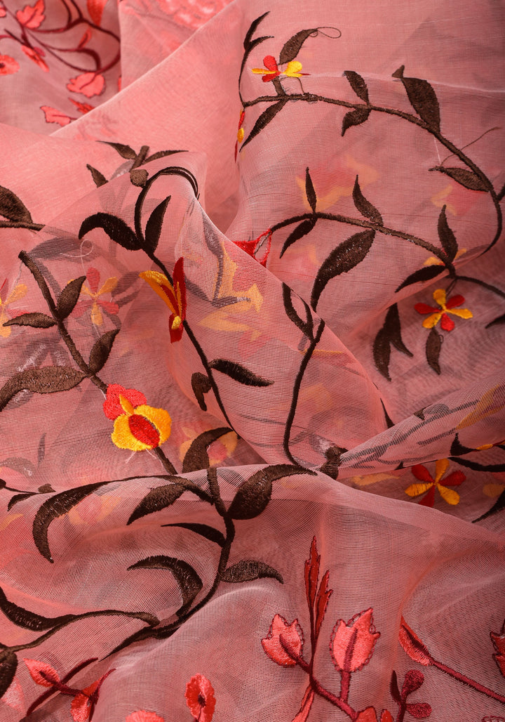 Rose pink Organza Saree with Floral Embroidery and zari Border