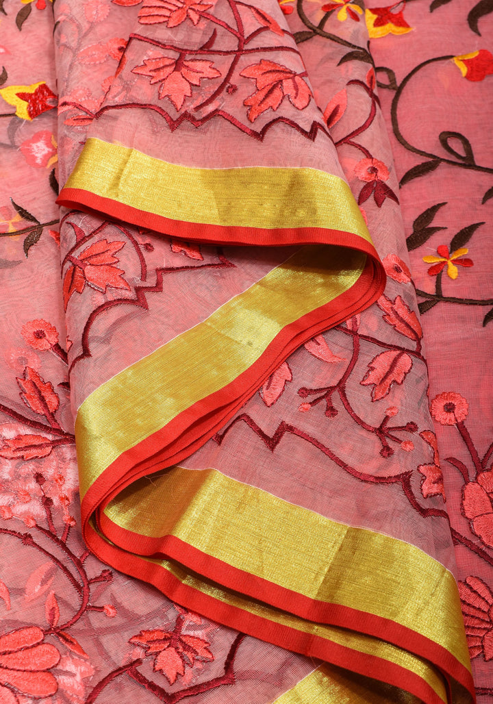 Rose pink Organza Saree with Floral Embroidery and zari Border