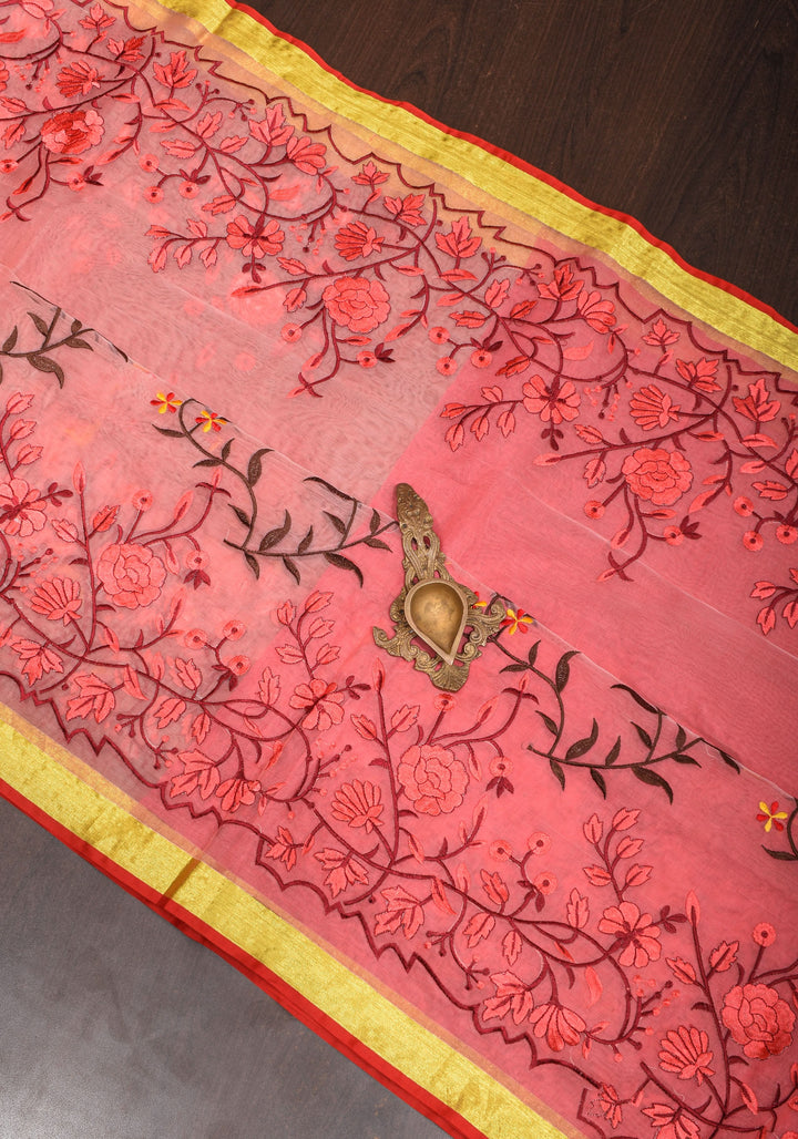 Rose pink Organza Saree with Floral Embroidery and zari Border