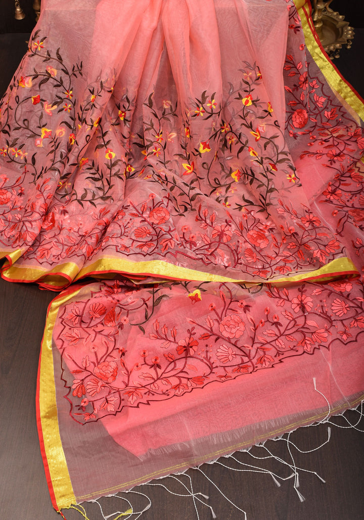 Rose pink Organza Saree with Floral Embroidery and zari Border