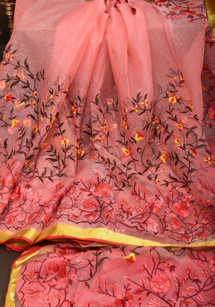 Rose pink Organza Saree with Floral Embroidery and zari Border