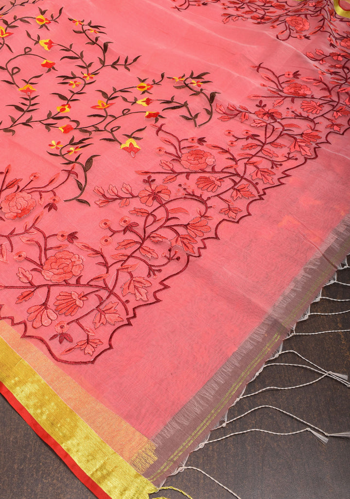 Rose pink Organza Saree with Floral Embroidery and zari Border
