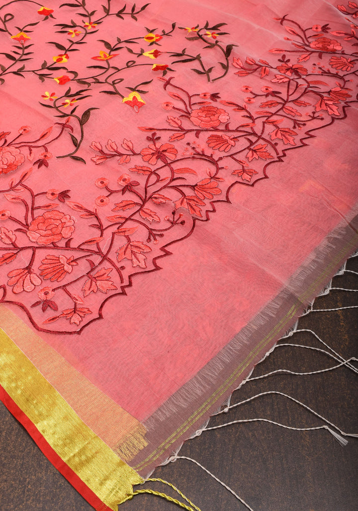 Rose pink Organza Saree with Floral Embroidery and zari Border