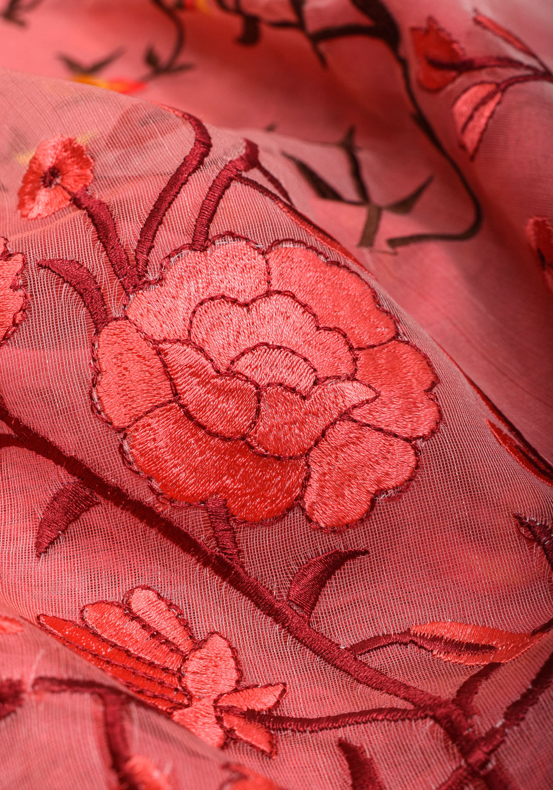 Rose pink Organza Saree with Floral Embroidery and zari Border