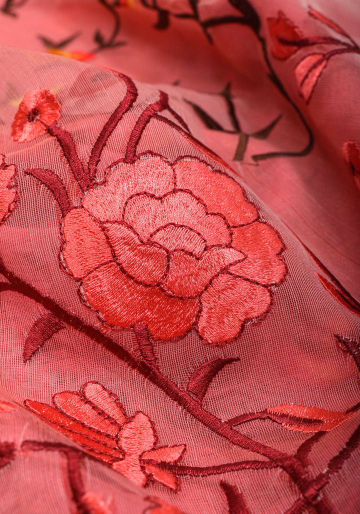 Rose pink Organza Saree with Floral Embroidery and zari Border