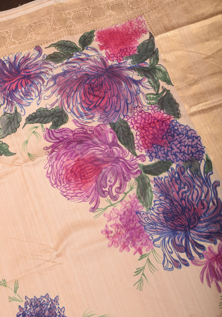 Banarasi Pure Tussar Silk Saree with Handpainted Aster florals and zari detailing | Silk mark certified