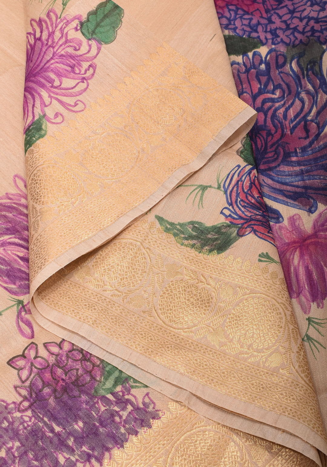 Banarasi Pure Tussar Silk Saree with Handpainted Aster florals and zari detailing | Silk mark certified