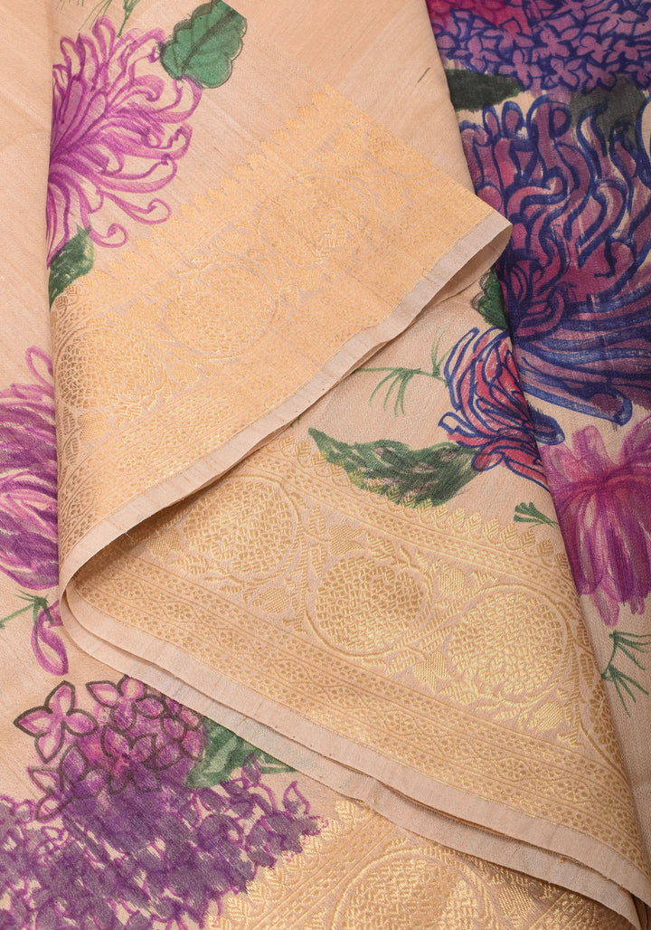 Banarasi Pure Tussar Silk Saree with Handpainted Aster florals and zari detailing | Silk mark certified