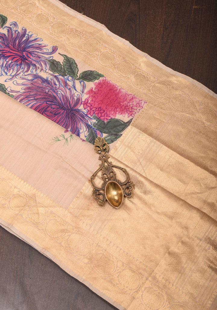 Banarasi Pure Tussar Silk Saree with Handpainted Aster florals and zari detailing | Silk mark certified