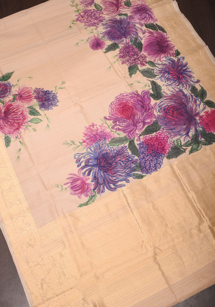Banarasi Pure Tussar Silk Saree with Handpainted Aster florals and zari detailing | Silk mark certified