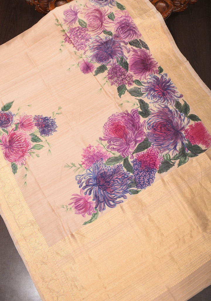 Banarasi Pure Tussar Silk Saree with Handpainted Aster florals and zari detailing | Silk mark certified