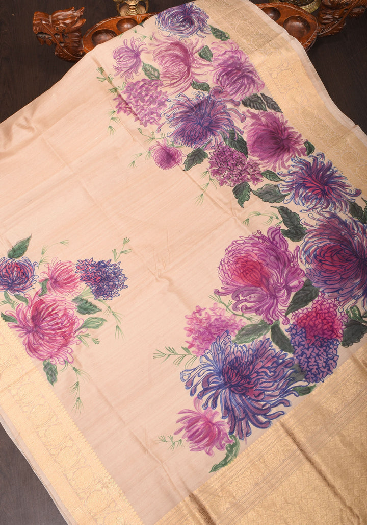 Banarasi Pure Tussar Silk Saree with Handpainted Aster florals and zari detailing | Silk mark certified