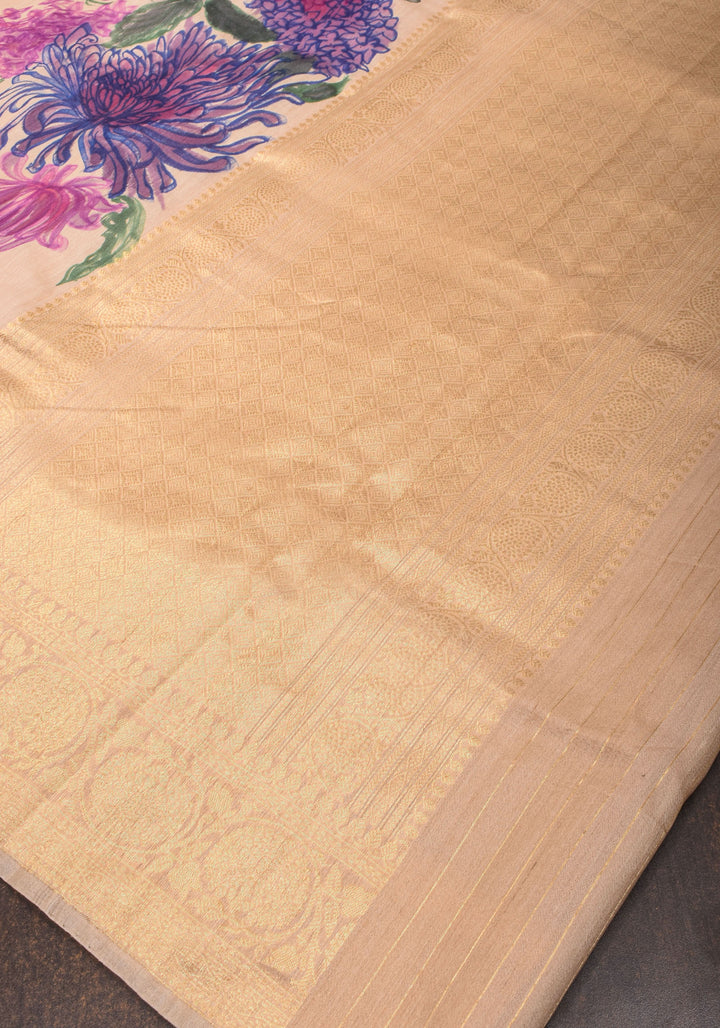 Banarasi Pure Tussar Silk Saree with Handpainted Aster florals and zari detailing | Silk mark certified