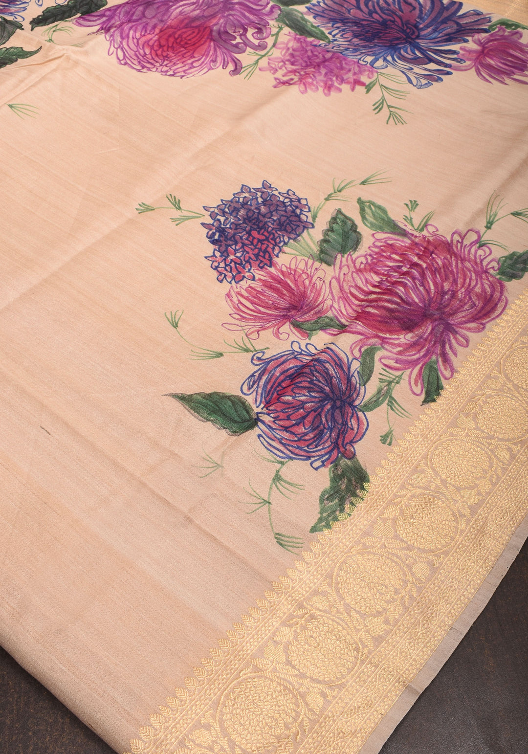 Banarasi Pure Tussar Silk Saree with Handpainted Aster florals and zari detailing | Silk mark certified